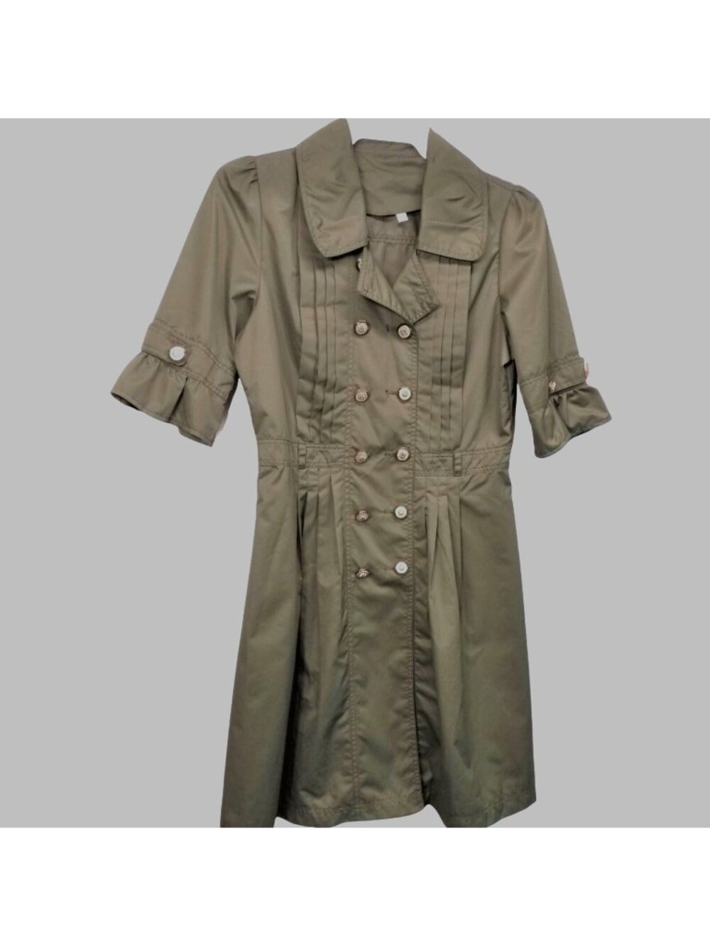 Dark Green Rain Trench Coat Cute Pleated Button Front Short Sleeve Size Small
